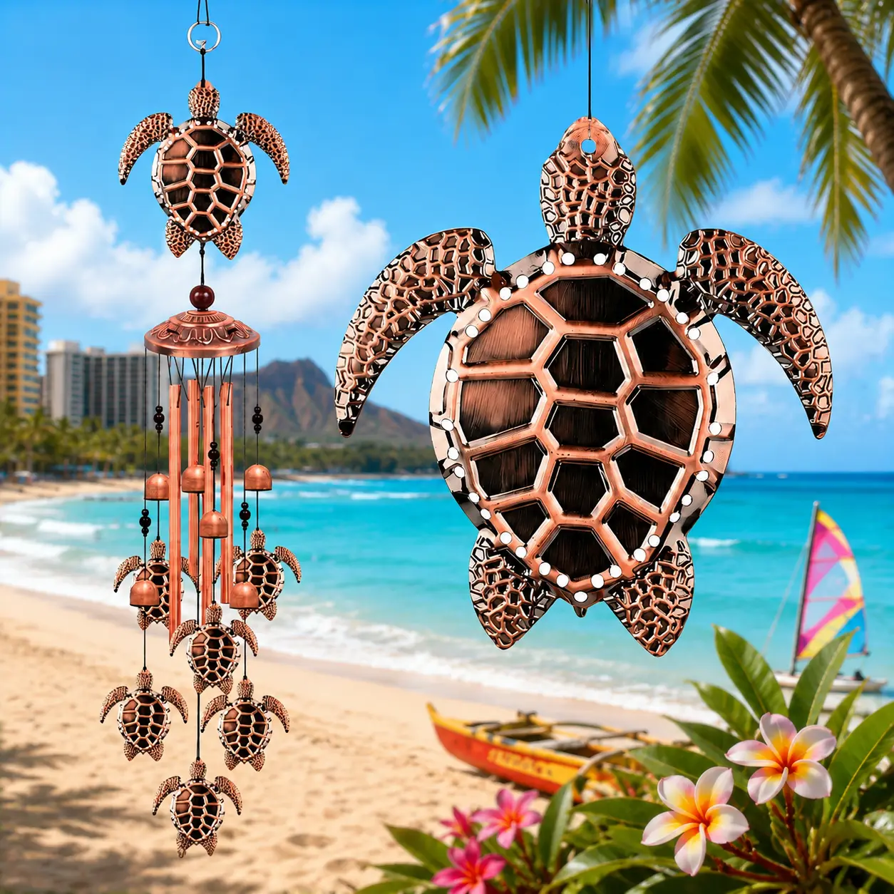 Coastal Sea Turtle Wind Chimes - Metal Home Decoration with 4 Aluminum Tubes & 6 Lucky Sea Turtles, Hanging Wind Chime for Garden, Yard, Patio,Indoor & Outdoor, Symbol of Health & Longevity, Sleek, memorial wind chime