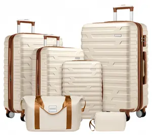 High Quality 6 Piece Expandable Travel Set Brand New Hard Shell Luggage Set Universal Wheels TSA Lock 18 20 24 28 Inch Includes Luggage Bag Wash Bag Cream Color