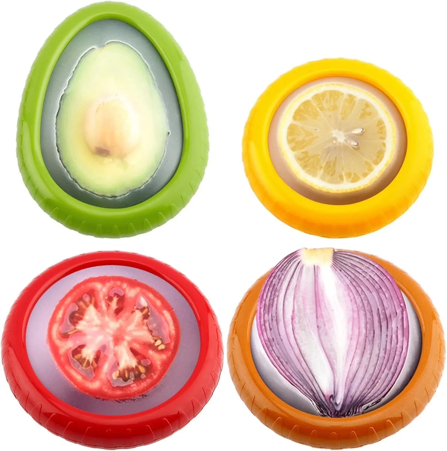 4-Pack Reusable Airtight Silicone Fruit Storage Containers with Rotating Seal Lids, Leakproof Food Keeper for Avocados, Tomatoes, Onions, Lemons, Half Cut Veggies & Fruits Refrigerator Organizer