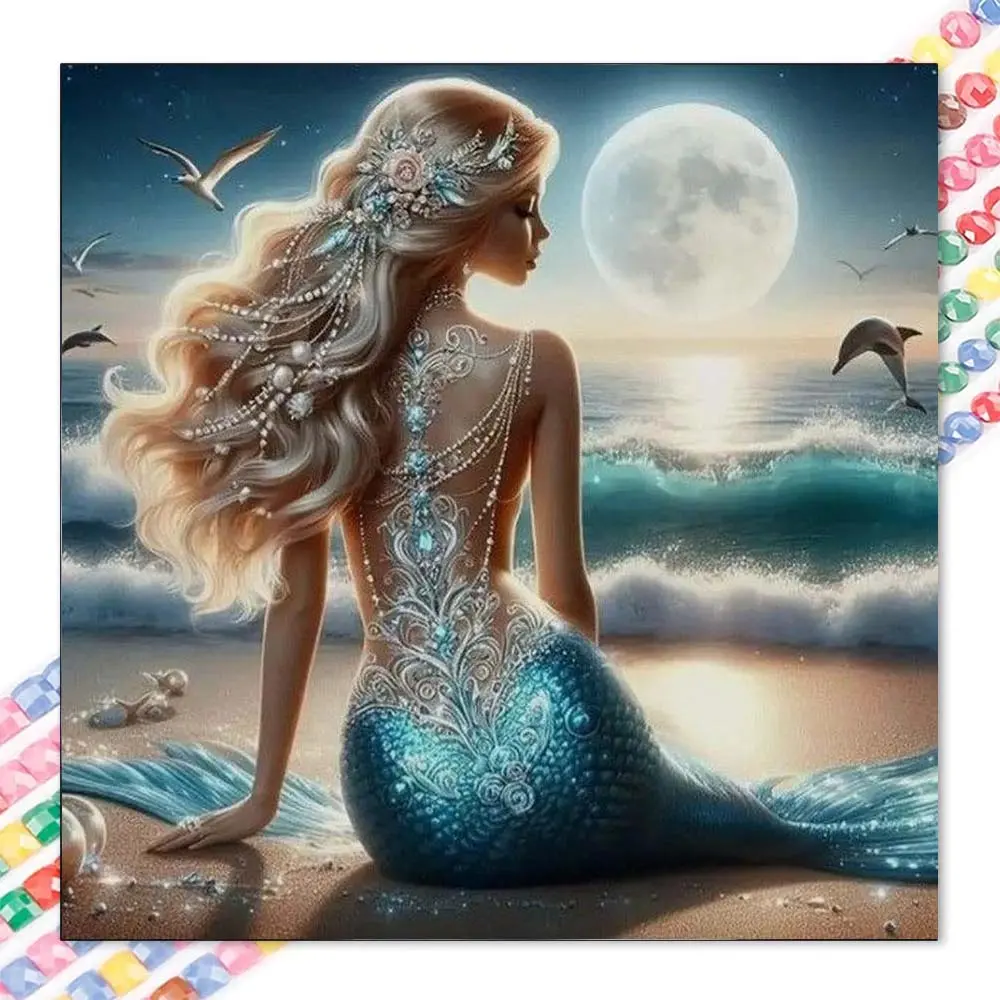 1 set of DIY diamond painting kit, 5D diamond art set, DIY decoration mermaid, waves, moonlight mosaic, diamond art, DIY art home decor, suitable for Christmas, DIY Craft Supplies