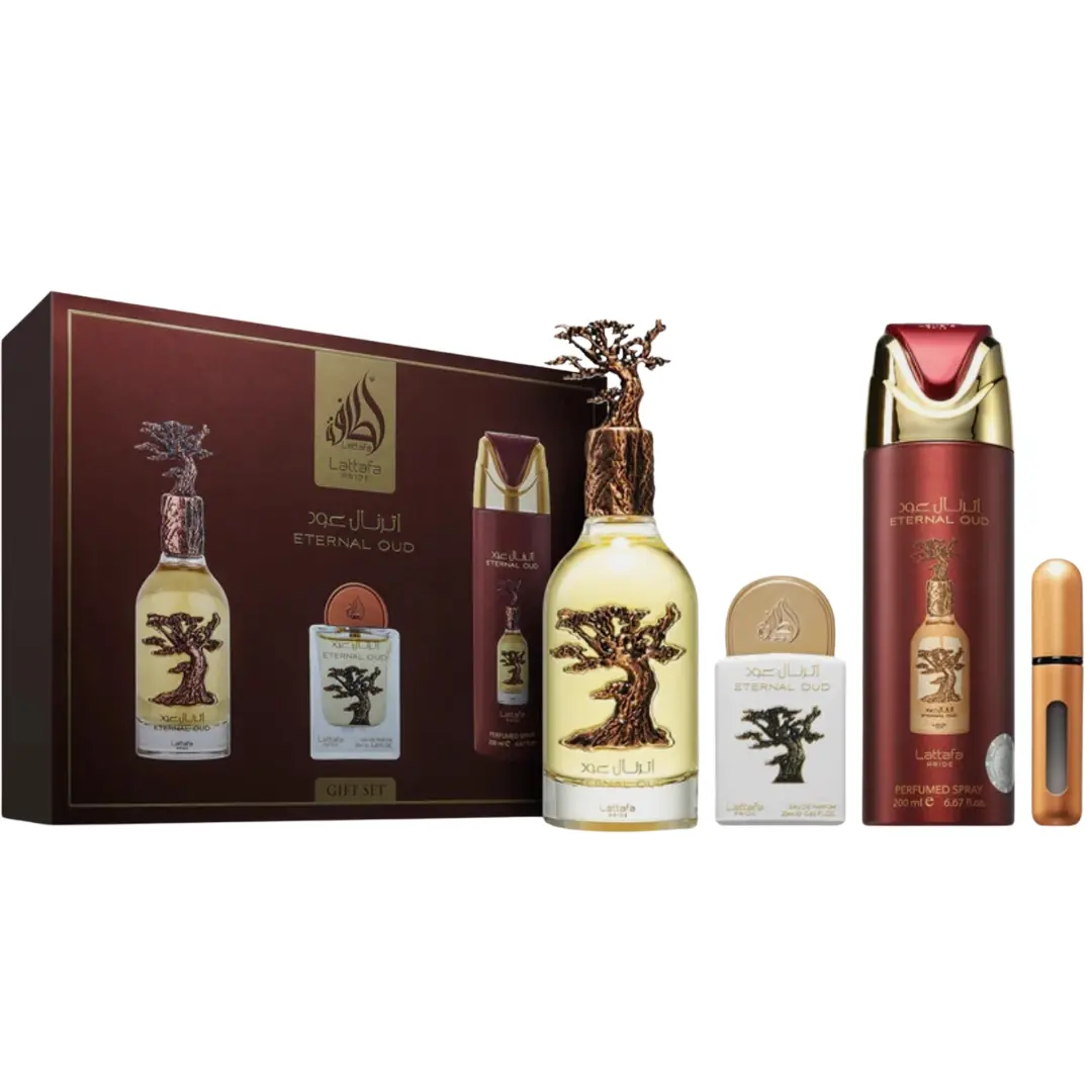 Lattafa Eternal Oud Multi-Pack Gift Set - Oriental Arabian Perfume EDP Spray & Body Perfume with Amber Floral, Juicy Fruit, Citrus Woody, Earthy Notes, Self Care Product, Exotic Classic Sprayer Bottled Fragrance Sets, Mother's Day Gift