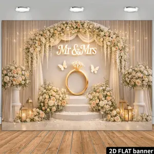 A 2D Wedding-Themed Backdrop Featuring a Central Golden 'Mr & Mrs' Text Along with a Enormous Ring Design, Flanked by Clusters of Pink And White Roses And Green Leaves. Above