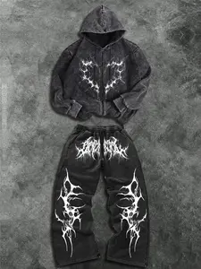 Men's Stylish 2-Piece Casual Menswear Set with Heart Thorn & Tassel Thorn Print, Zipper Hoodie and Drawstring Wide Leg Pants for Spring & Summer Sports