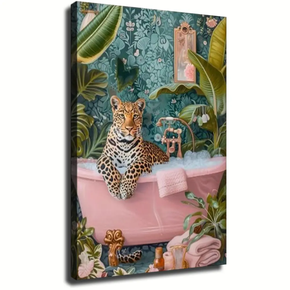 Framed Pink Leopard in Bathtub Canvas Wall Art Funny Cheetah Wall Decor Picture Vintage Animal Bathroom Aesthetic Poster Print for Bathroom Toilet Home Decoration