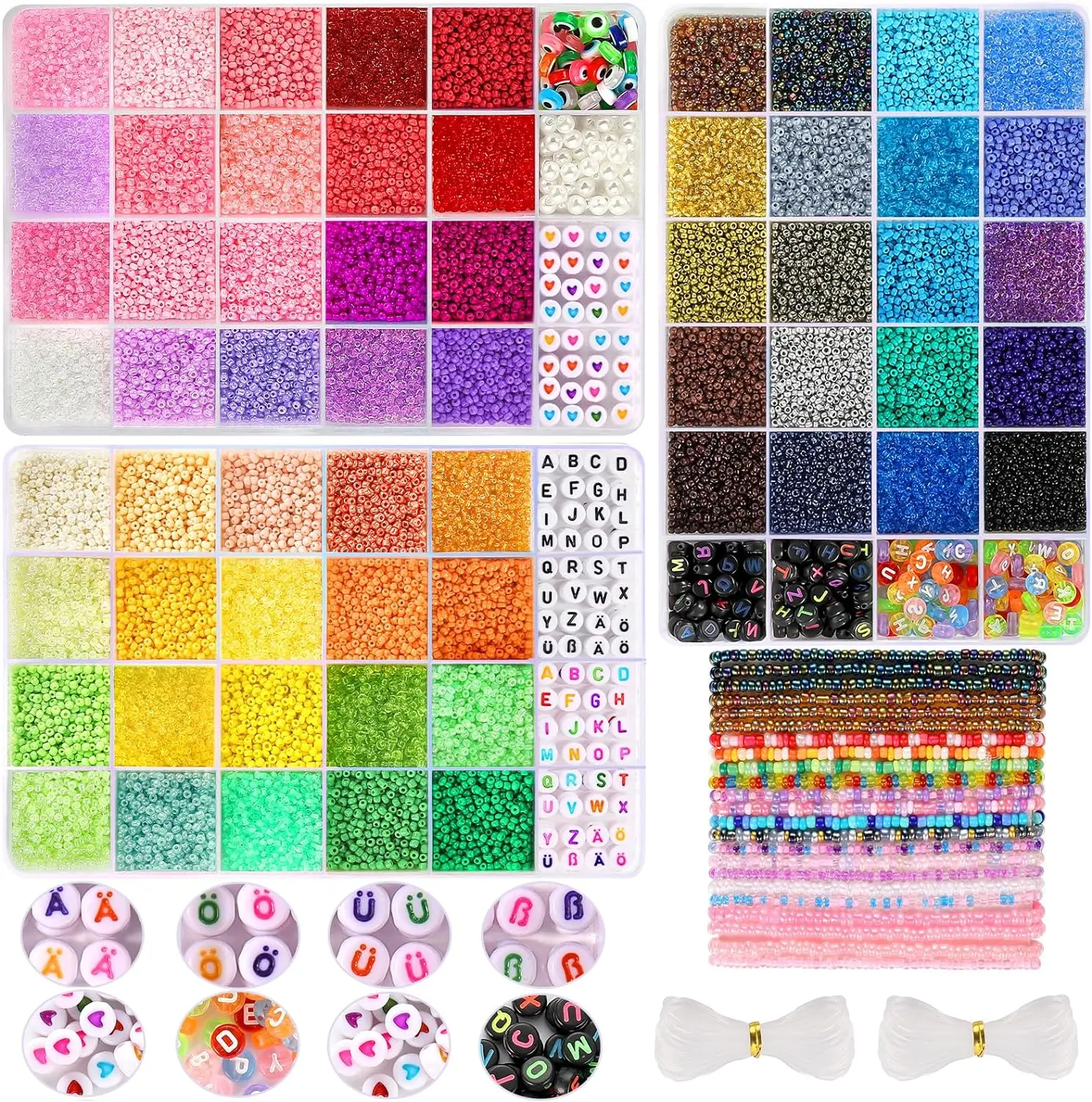 Funtopia 36600 Counts   60 Colors   Glass Beads for Jewelry Making beaded embroidery, Small Seed Beads for  Making, 2mm Tiny Beads with 3 Storage Box, Letter Beads & Evil Eye Beads, DIY Art Craft Kit for Girls Women Friendship Diy Beading Accessories summ