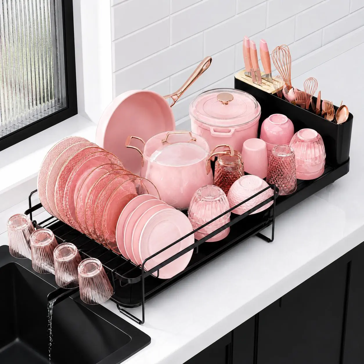 Black Extendable Dish Drying Rack for Kitchen Countertop, Dish Drainer with Utensil Holder, Cup & Bowl Rack Black Extendable Dish Drying Rack for Kitchen Countertop, Dish Drainer with Utensil Holder, Cup & Bowl Rack
