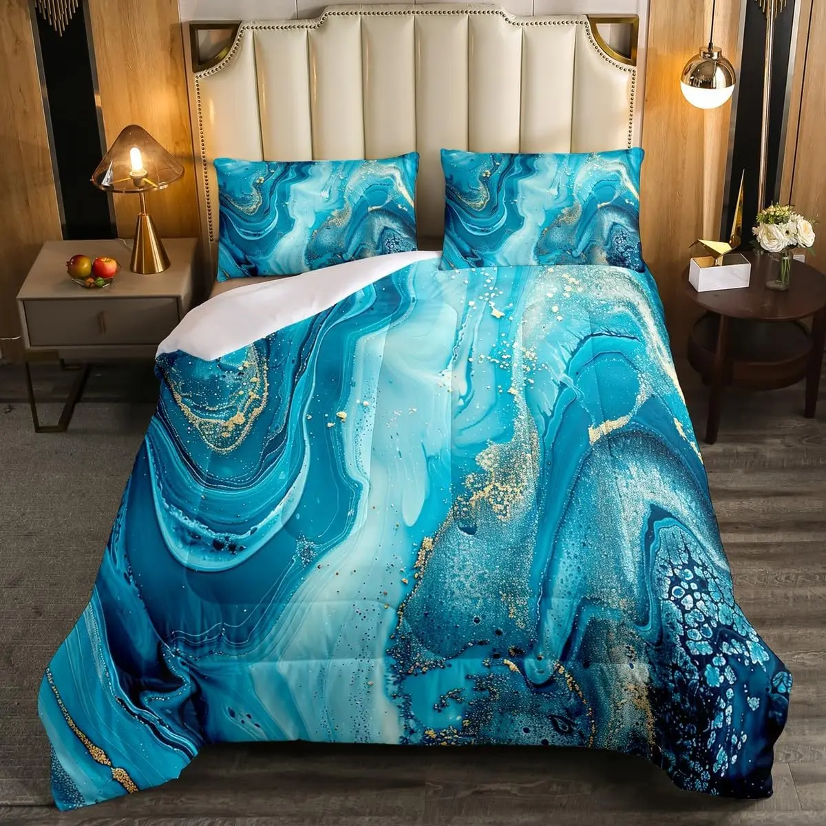 Feelyou Teal Blue Marble Down Comforter - Gold Liquid Quicksand Quilted Duvet, Turquoise Decorative Bedroom Bedding Set, Soft Bedding, Soft Bedding Sets