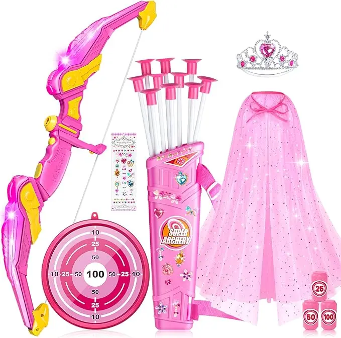 Children's LED Light-Up Archery Set Toy with Princess Cape, Crown, 10 Suction Cup Arrows, Unisex Indoor/Outdoor Play, All Fun and Imaginative Play, Christmas Birthday Gift for Girls
