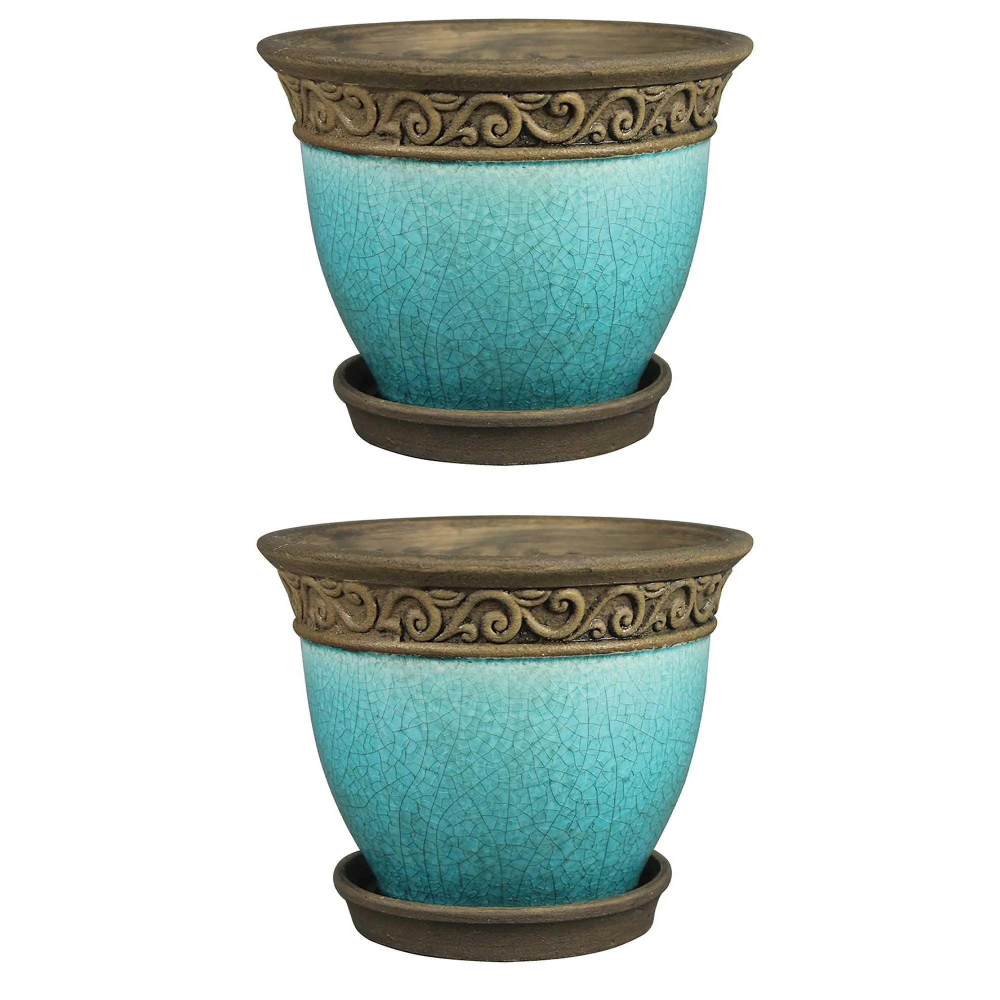 Southern Patio Cadiz 8" Crackled Ceramic Planter Pot w/Saucer, Teal (2 Pack) Southern Patio Cadiz 8" Crackled Ceramic Planter Pot w/Saucer, Teal (2 Pack)