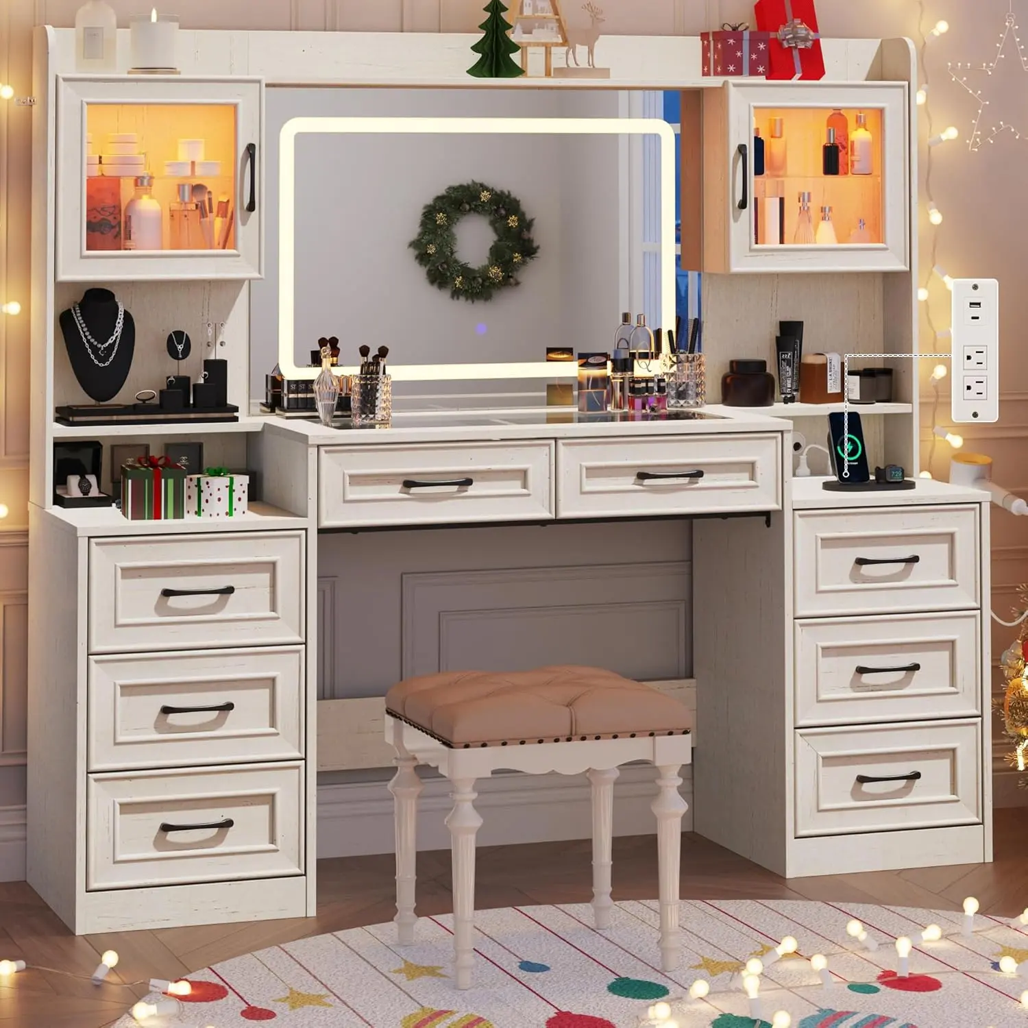 62" W Large Farmhouse Vanity with 31.5" Mirror Lights,Power Outlet,Tempered Glass Top,Big Makeup Vanity Table w/2 RGB Glass Cabinets,60000-color LED Lights,Rustic Dressing Table for Women,Girls,White/Brown
