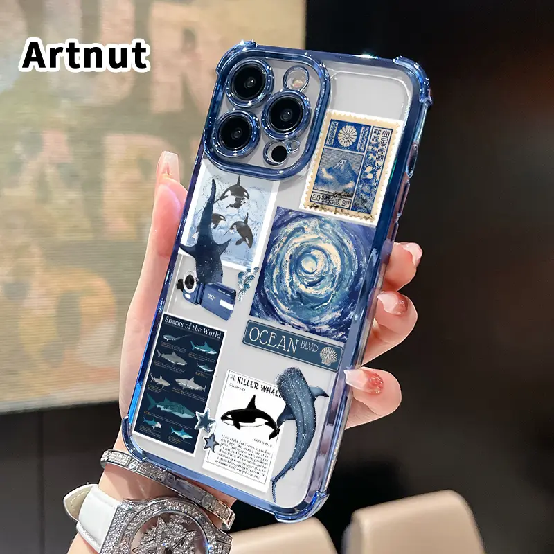 Electroplated 4-Corner Anti-Fall Smartphone Case with Blue Watercolor Orca Pattern - Shockproof Transparent Electronic Accessory with Anti-Slip Surface for iPhone 16 Pro Max,15 Plus,14,13,12,11,E - Smartphone Protection Casing, Handheld, Cellphone