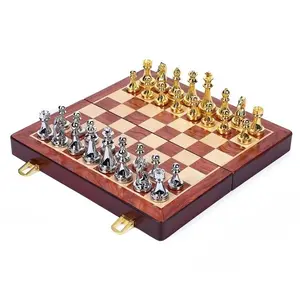 Metal Antique Copper Color Chess Set, High-End Wooden Gift Box, Foldable Chess Board, Competition Use, Chess Pieces
