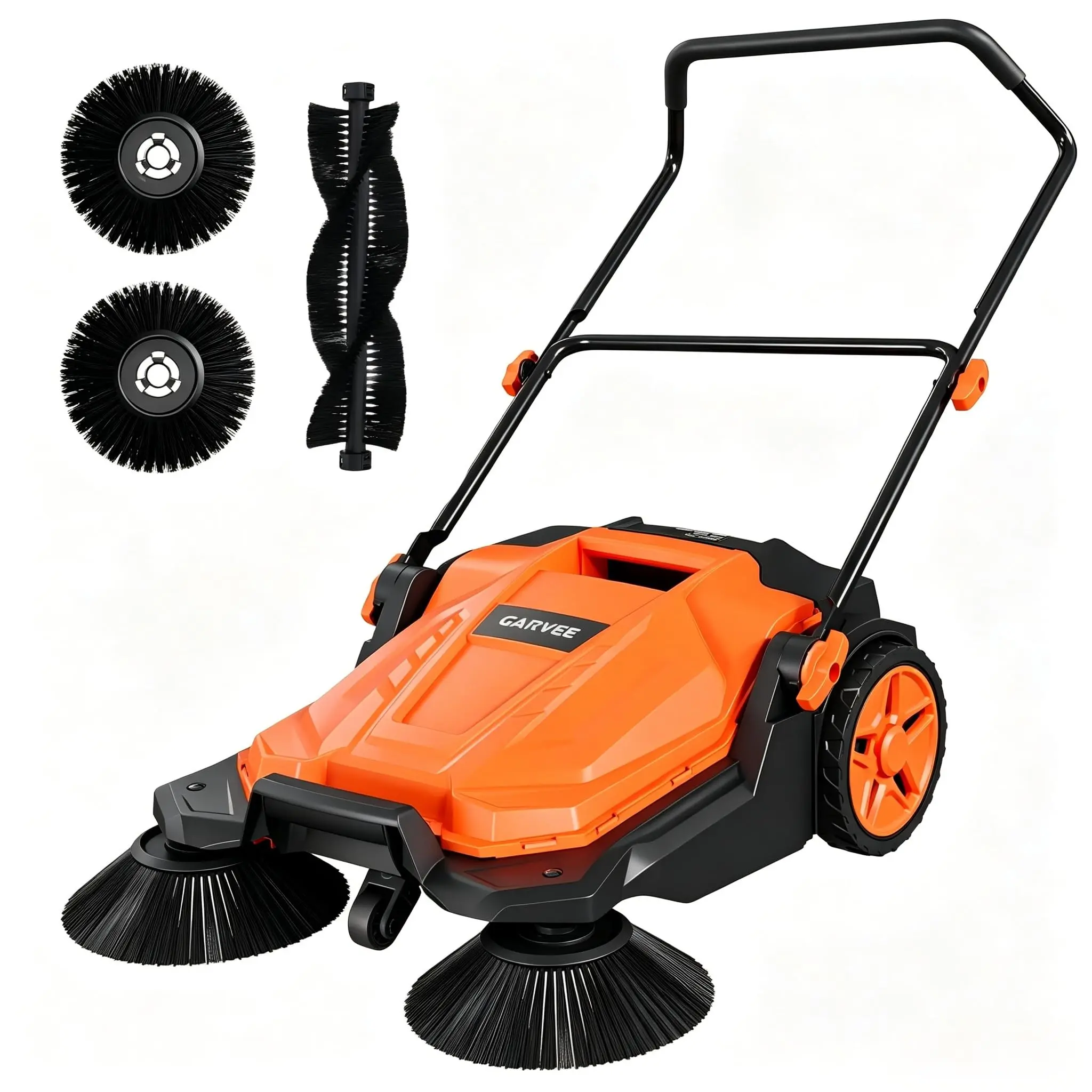 Garvee Upgraded Walk-Behind Floor Sweeper, 25.6 in Sweeping Width, Outdoor Hand Push Sweeper, 5 Gallon Waste Container, Adjustable Folding Handle for Garage Patio Yard Driveway
