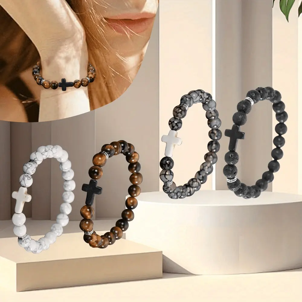 4-Piece Lava Stone Bracelets Set for Men and Women, 8mm Natural Beads with Stainless Steel Cross, Aromatherapy Essential Oil Diffuser Matching Jewelry, Bracelets Jewelry, Matching Bracelets