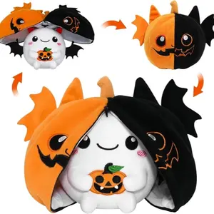 2-in-1 Dual Design Cute Halloween Pumpkin Bat Plush Toy Soft Huggable Pumpkin Cosplay Bat Plush Doll Animal Bat Plushie Stuffed Animals Halloween Gift for Kids Party Decor