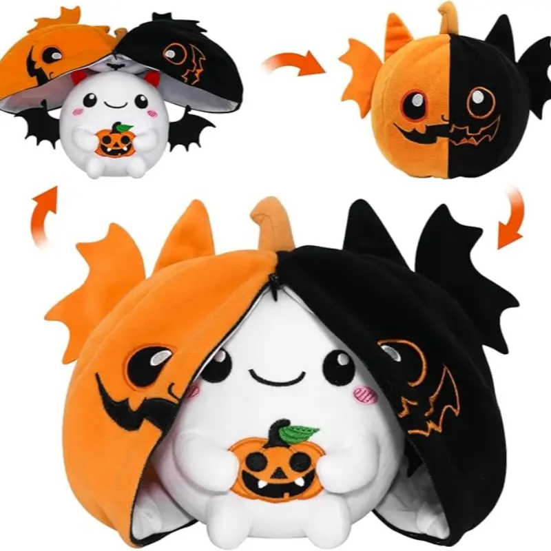 2-in-1 Dual Design Cute Halloween Pumpkin Bat Plush Toy Soft Huggable Pumpkin Cosplay Bat Plush Doll Animal Bat Plushie Cuddly Stuffed Animals Halloween Gift for Kids Party Decor Huggable Collectible