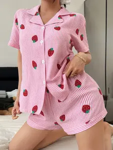 Women's Striped Strawberry Print Pajama Set, Sweet Lapel Short Sleeve Top with Pocket and Bow Shorts, Casual Homewear
