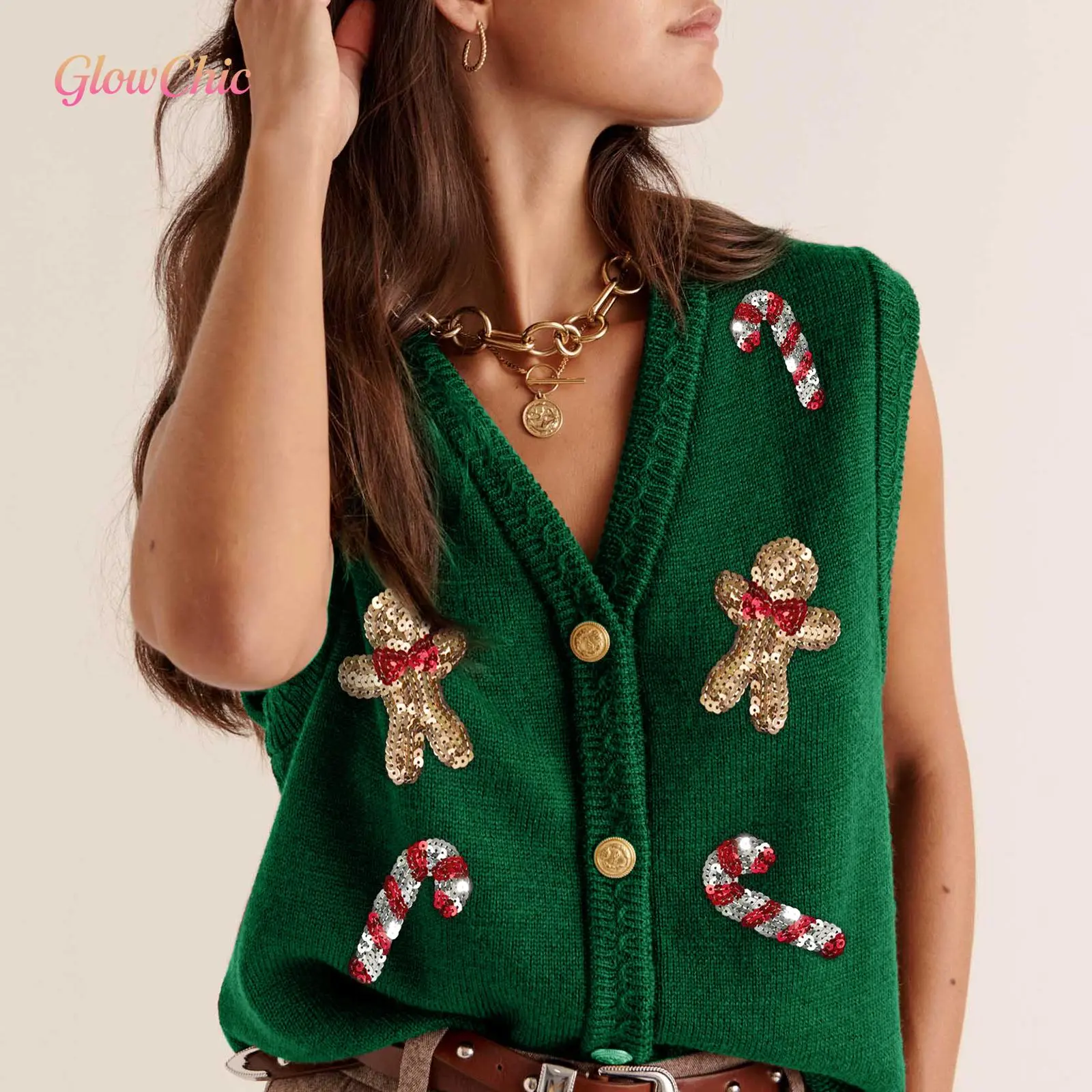 TikTokShopBlackFriday Christmas  Women’s V Neck Knit Vest Christmas Sleeveless Sequin Embroidery Button Tank Tops Sweater Vest