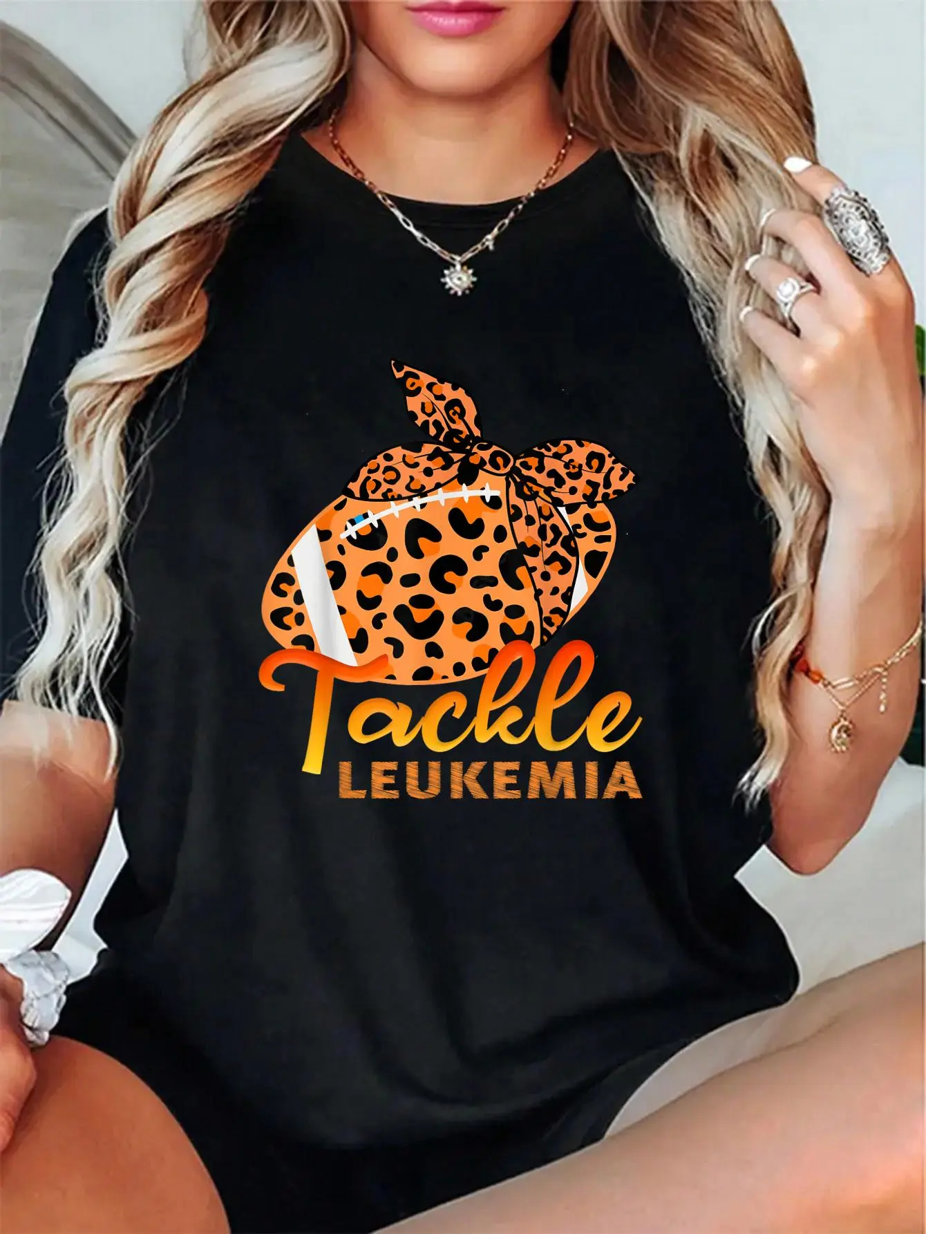 100% Cotton Unisex Acute Lymphoblastic Leukemia Awareness Football Orange Ribbon T-shirt – Cozy & Stylish, Work from Home or Weekend Casual Wear