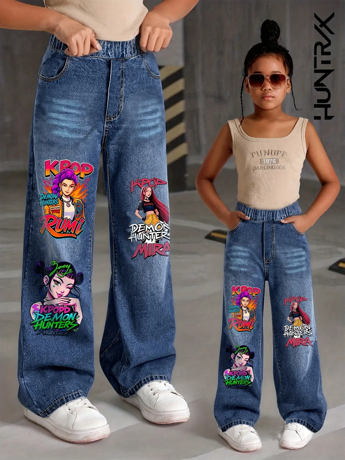 Girls' Cartoon Print Cute Graphic Jeans, Trendy Kids Fashion, Casual Pants for Girls Ages 7-12, Pop Style Teen Clothing, Fitted Fall & Winter Wear