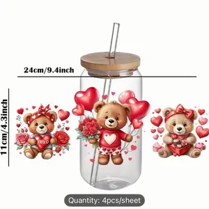12pcs Valentine's Day Teddy Bear Themed UV-DTF Transfer Stickers| Self-Adhesive, Glossy Finish, Cartoon Pattern with Hearts and Roses, Suitable for Glass, Bottles, and Crafts