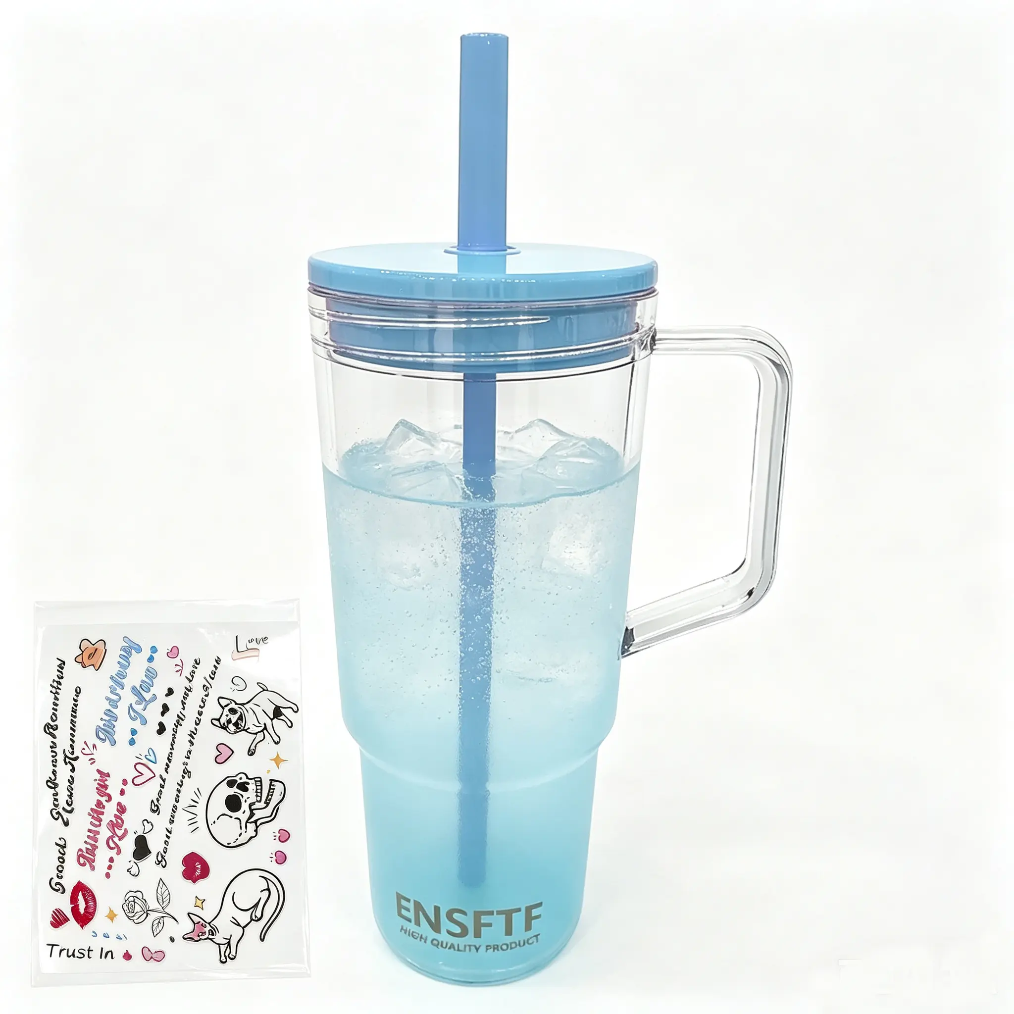 Outdoor Camping Travel Straw Cup，Reusable Plastic Cups with Lid and Straw double walls Clear Tumblers | Handle Grip, Fits Cup Holder, Iced Drinks Ready sohochic