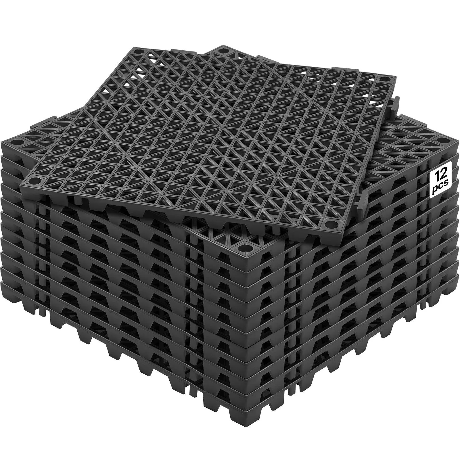 Stretch-Resistan 12PCS 12x12 Inch Black PVC Interlocking Floor Tiles, 15mm Elevated Base Rapid Drainage Mats, Non-Slip Hollow Hole Waterproof Splicing Cushions, Tool-Free Modular Flooring for Wet Indoor Residential & Commercial Areas