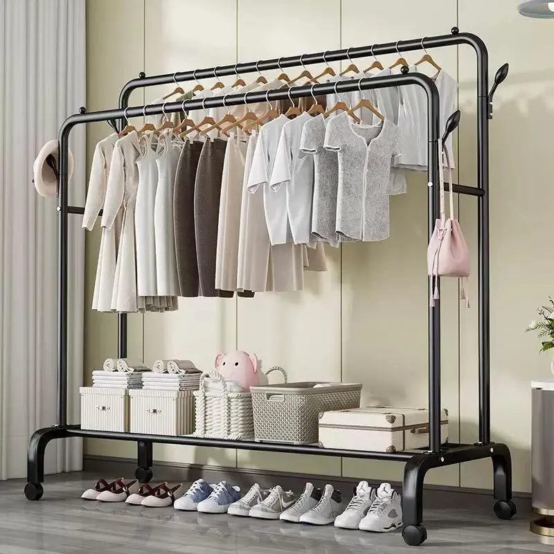 Double Rods Garment Rack with Wheels, Clothing Rack for Hanging Clothes,4 Hooks, Multi-functional Bedroom Clothes Rack, Black summerwins