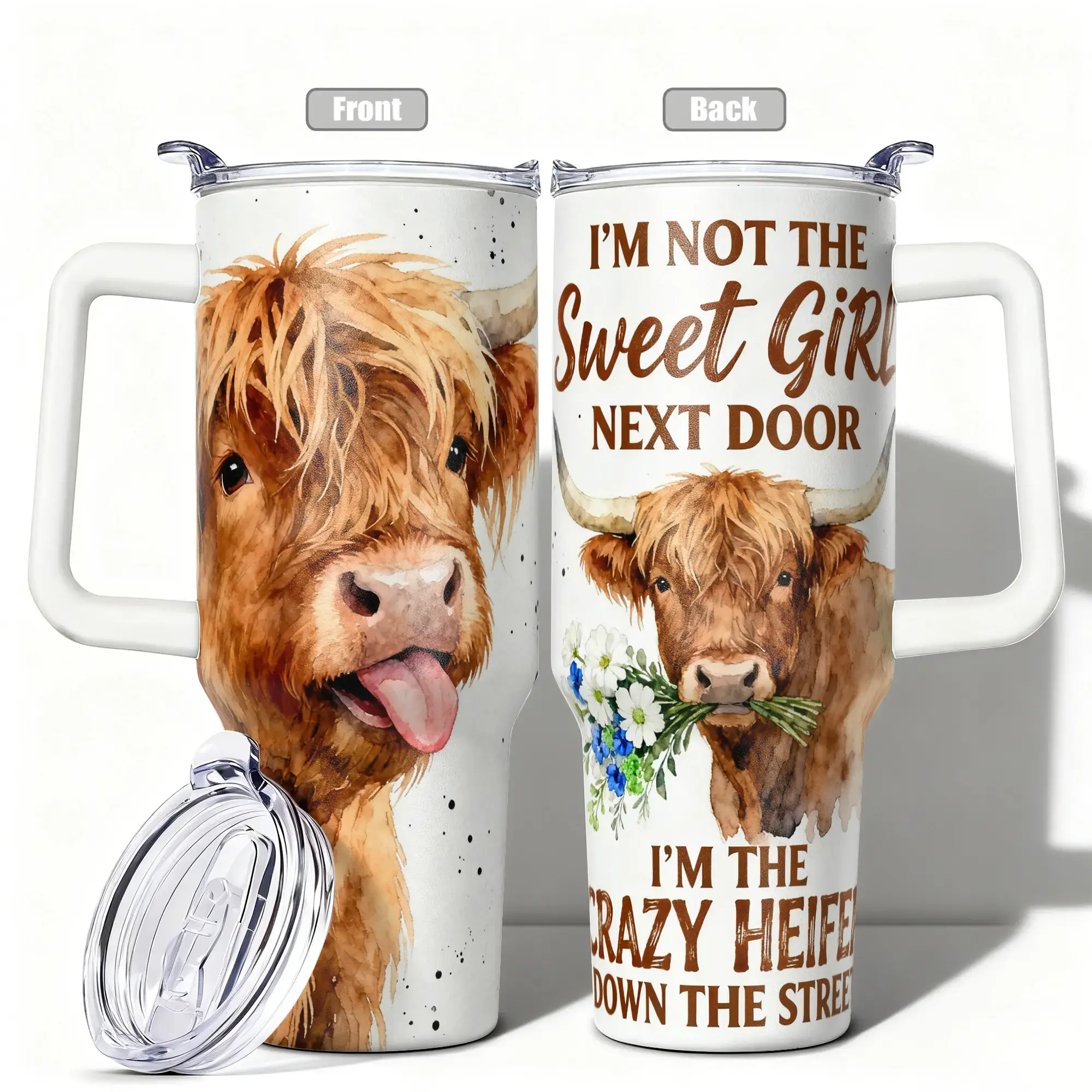 1pc, 40oz Stainless Steel Cup Highland Cow Watercolor Double Wall Vacuum Insulated Cup, Leakproof Lid & Carry Handle Travel Mug for Outdoor Camping Hiking, Gift for Dad, Mom, Brother，Sister, Leakproof Tumbler, Drinkware