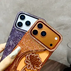 Luxury Full Screen Glitter Rhinestone Flowers Phone Case For iPhone 17 16 15 14 13 12 Pro Max Air Bling Frame Armor Clear Cover