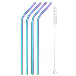 Set of 4 Reusable Bent Straws, Durable Stainless Steel Drinking Straw Set, Food Grade Metal Straws with Cleaning Brush