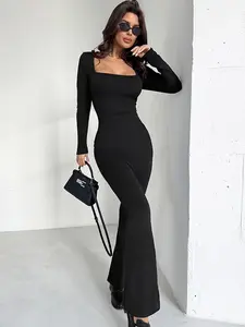 Cute Fitted Square Neck Long Sleeve Flare Pant Jumpsuit Womenswear Flared Spandex woman jumpsuit Overalls Fabric