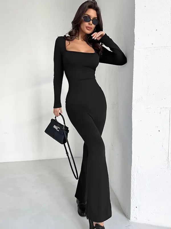 Cute Fitted Square Neck Long Sleeve Flare Pant Jumpsuit Womenswear Flared Spandex woman jumpsuit Fabric