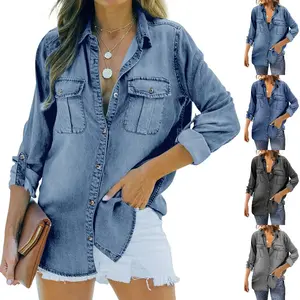 Goranbon Womens Denim Jacket Shirt Casual Oversized Long Sleeve Button Down Shirts Loose Shacket Jean Tops