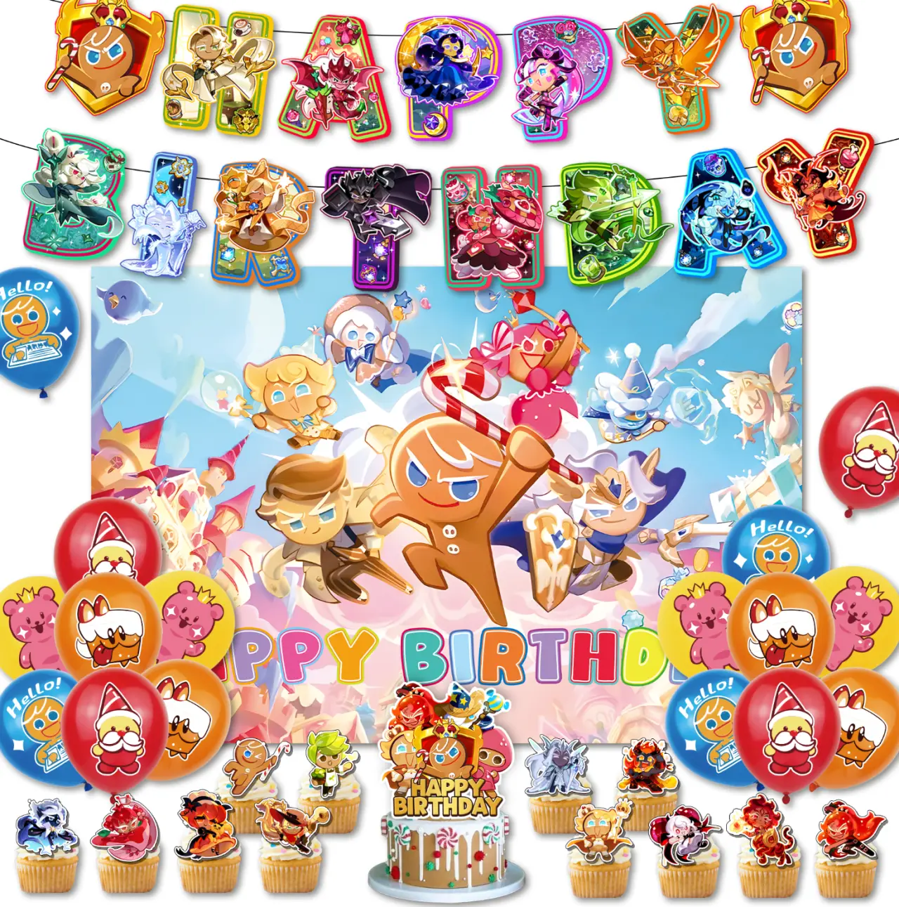 Bright Vibrant Unisex Magical Gingerbread Cookie Party Decorations Set - Home & Festive Supplies Kit with Print Backdrop, Banner, Balloons, Cake Decorating Supplies, Happy Birthday