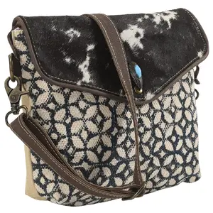 Ladies Upcycled Canvas Crossbody Bag with Genuine Leather & Turquoise Stone Accents Western Handcrafted Design 10in x 13in Texas Made