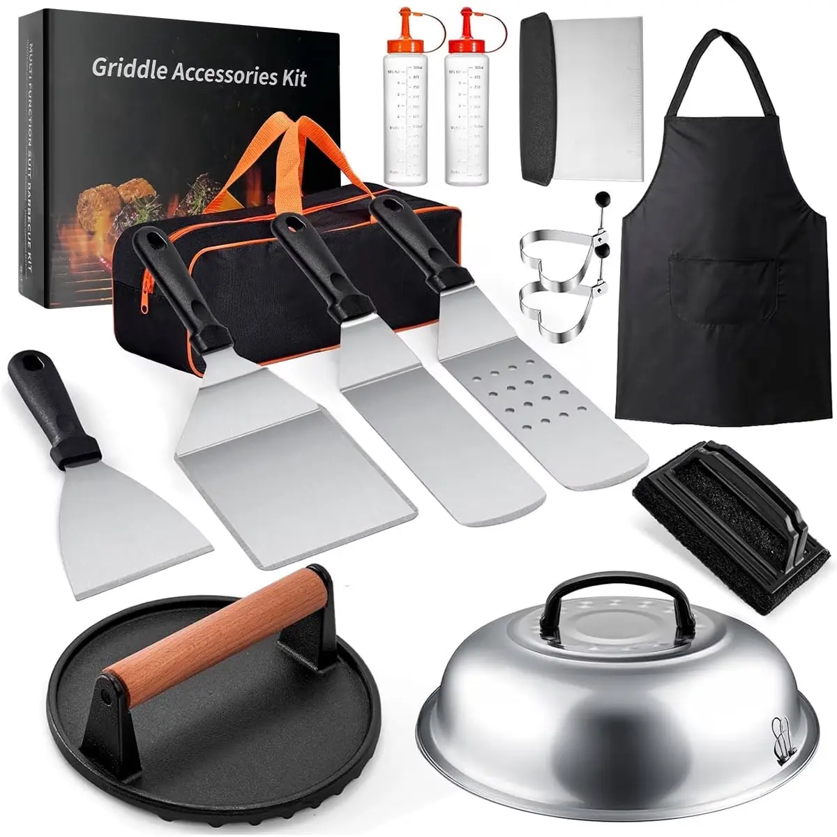 Griddle Accessories Kit, 15PCS Flat Top Grill Tools Set for Blackstone and Camp Chef, Enlarged Spatulas, Basting Cover, Stain Steel Grill Spatula Kit for Outdoor BBQ & Cooking