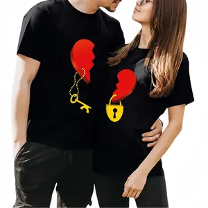 (Sold Individually）Lock & Key Couple T-shirt Set - Matching Heart Graphic Tees Cotton Black T-shirt for Him & Her | Romantic Couple Outfit T-shirt | Valentine's Day Gift Cotton T-shirt. Casual Shortsleeve