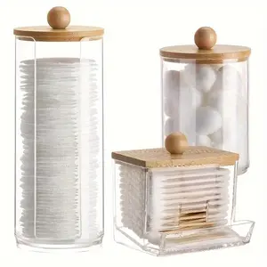 Clear Storage Jar with Wooden Lid, 3 Counts/1 Set Cotton Swab Storage Box, Bathroom Storage Container for Cotton Swab, Cotton Ball, Floss Picks