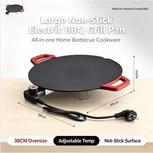 Large 38CM Non-Stick Electric BBQ Grill Pan, Adjustable Temperature Control Indoor Griddle with Heat-Insulated Handles, Detachable Cord 110V US Plug Multifunctional Home Barbecue Griddle for Steak Pancake Seafood Family Cooking, Cooking Grills, Grill Fry