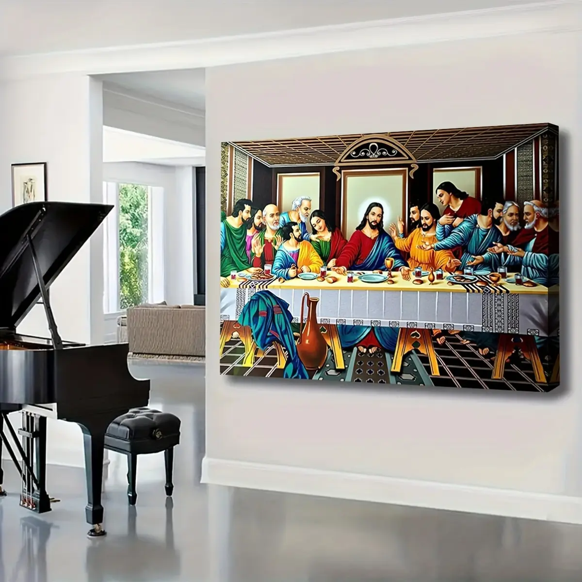 A Last Supper painting canvas wall art, modern religious painting wooden frame, interior decoration poster for living room and bedroom, ready to hang wrapped canvas with sturdy pattern