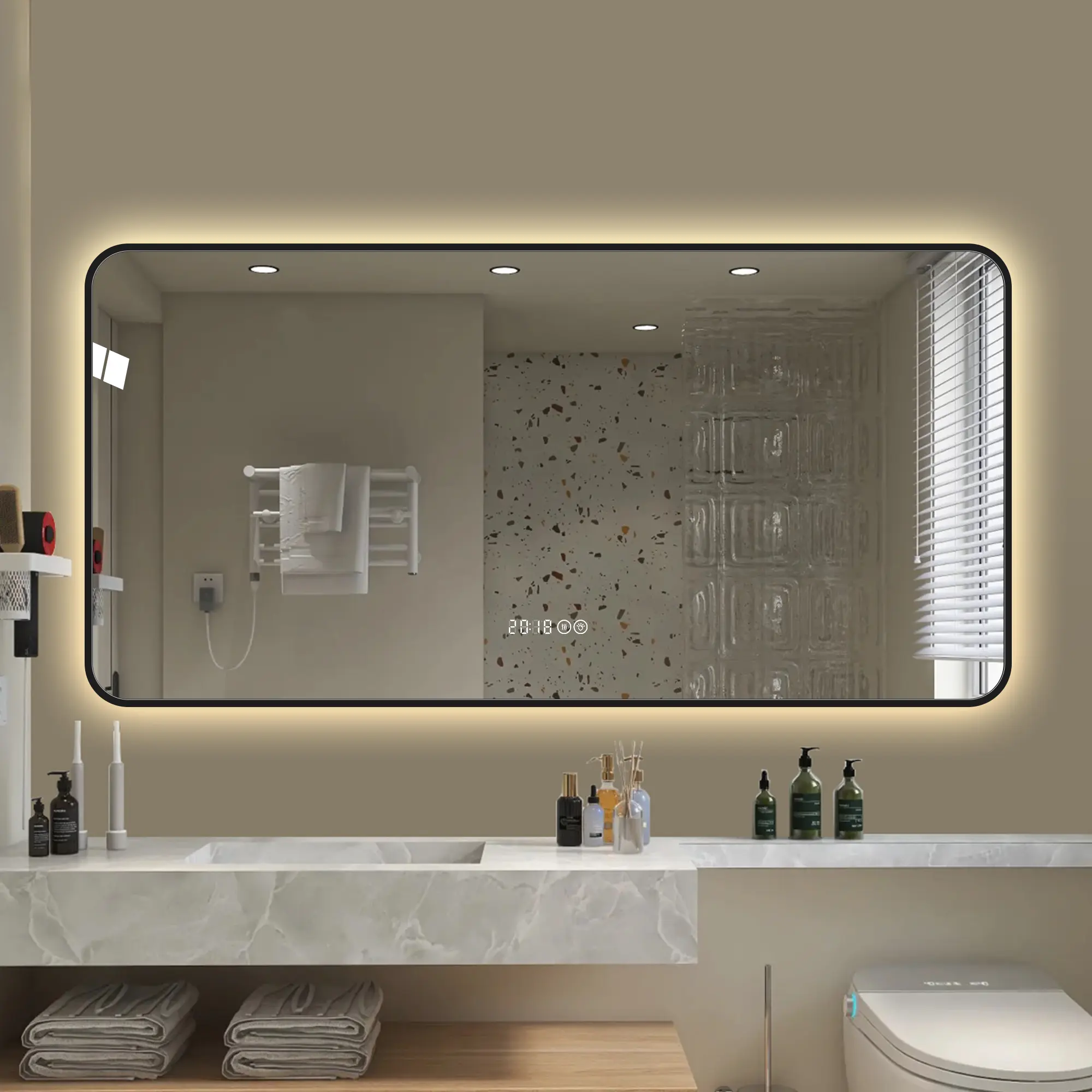 29x39 Inch Black Aluminum Alloy Frame Wall Mirror with Rounded Corners, Tri-Color LED Light, Temperature Display, Defogging, High-Definition Tempered Glass Vanity Mirror for Bathroom, Bedroom, Dressing Room, Bathroom Furniture for Vanity Area