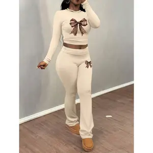 bow pattern printing Women's Letter Print Crop Top Set, Casual Fall & Winter, Tight-Fitting Long Sleeve Shirt + Flare Pants, Home Wear