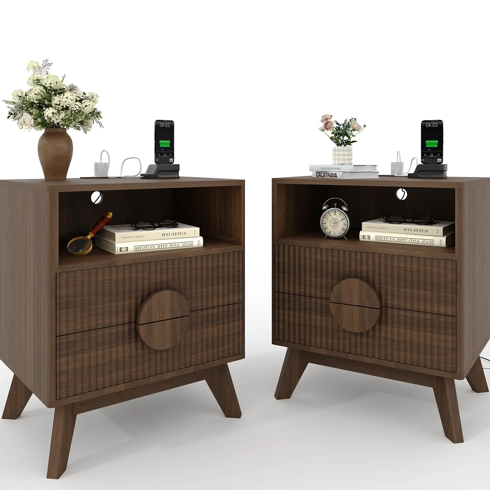 Garvee 2-Piece Modern Fluted Wooden Nightstands - Durable Bedside Tables with Charging Station, Drawers, Open Book Stand Shelf for Bedroom Apartment Storage Organization Furniture, Nightstand