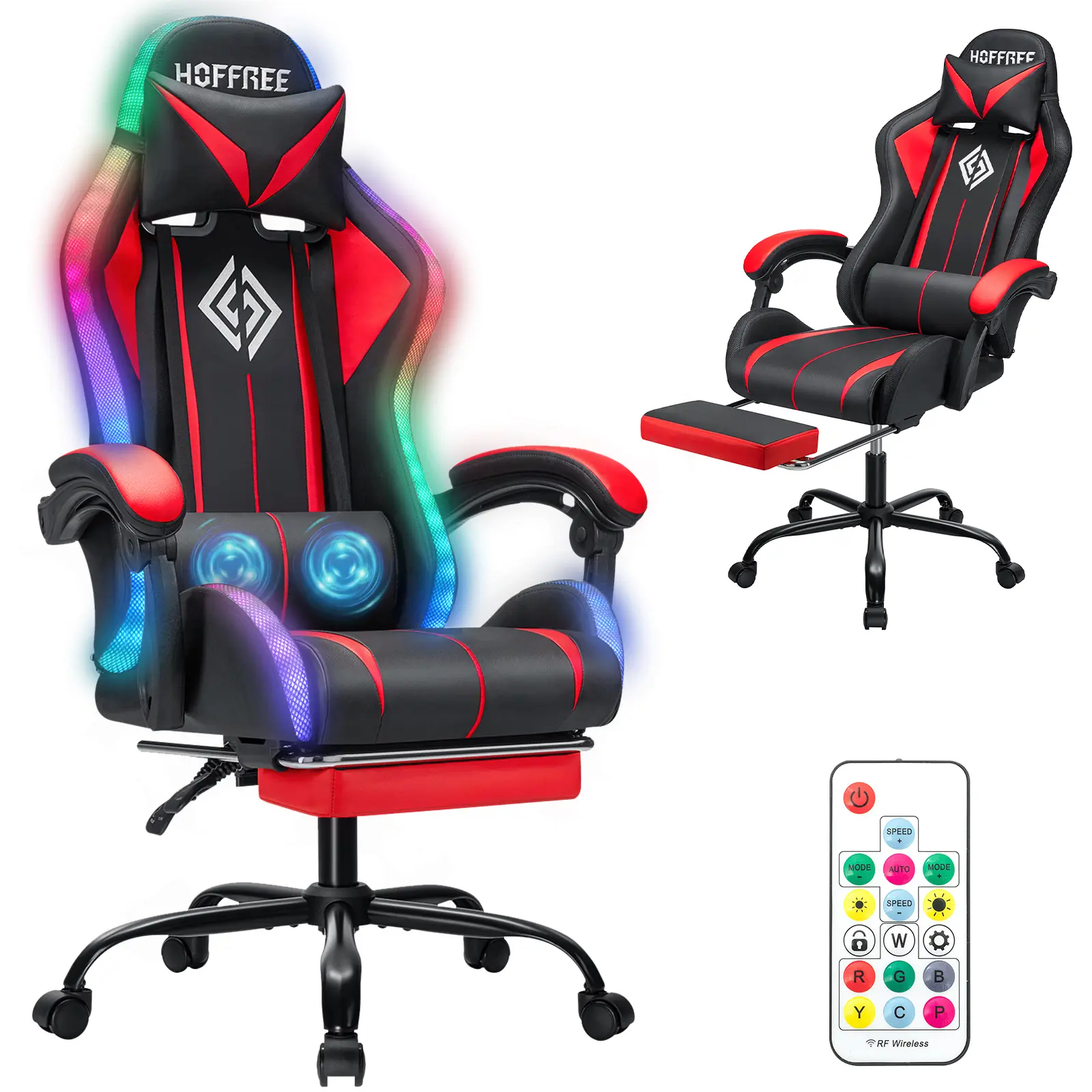 HOFFREE Gaming Chair Massage with LED RGB Lights and Footrest Ergonomic Computer Chair High Back Video Game Chair with Adjustable Lumbar Support Linkage Armrest Red and Black