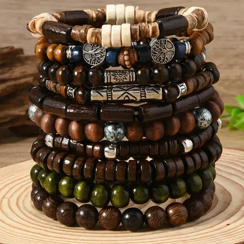 10 pieces/set and 6-piece Bohemian style Unique wooden bead, turtle, coconut, turquoise bracelet sets for men and women