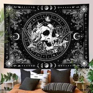 Skull & Mushroom Pattern Tapestry, Mandala Skull Printed, Starry Sky Moon Phase Hippie Natural Plant Flower Mandala Floral Pattern Aesthetic Tapestry, Wall Tapestries, Wall Hanging Decor for Home Living Room Bedroom, Halloween