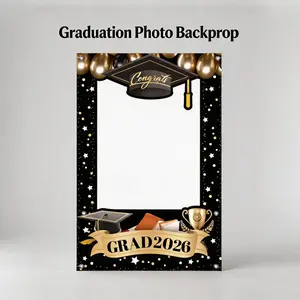 GRAD 2026 Photo Booth Frame, Black Gold Graduation Photo Frame with Congrats Grad Cap & Trophy, Large Size Selfie Prop Decor for Graduation Party
