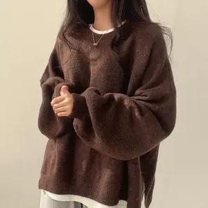 Piece Women's Brown Drop Shoulder Cardigan Split Hem Sweater Long Sleeve Round Neck Knit Top for Autumn Winter Comfortable Everyday Style Fashion Womenswear