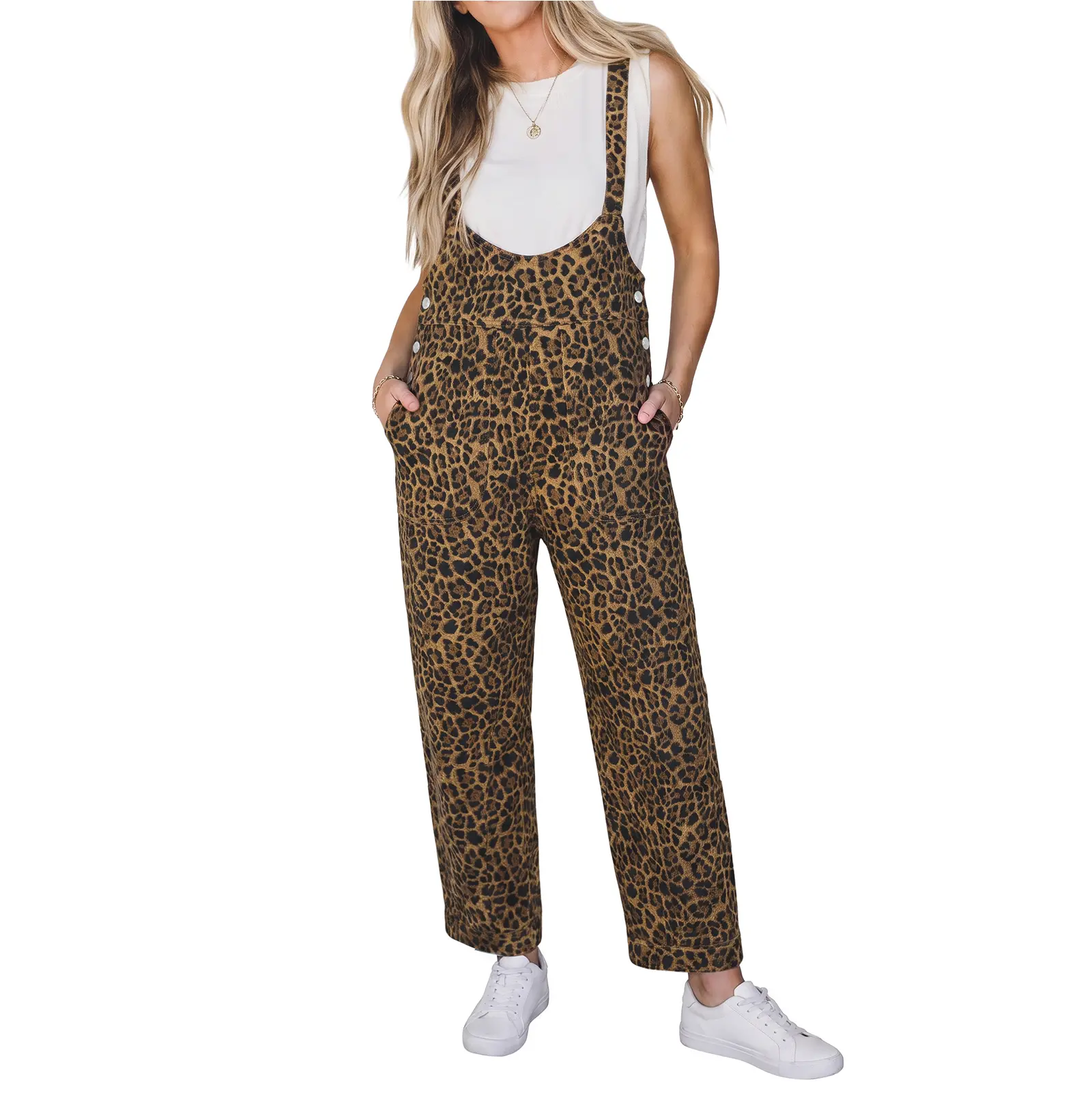 Imily Bela Women's Leopard Print Overalls Casual Loose Bib Overalls Sleeveless Straight Leg Jumpsuit Baggy Dungarees with Pockets